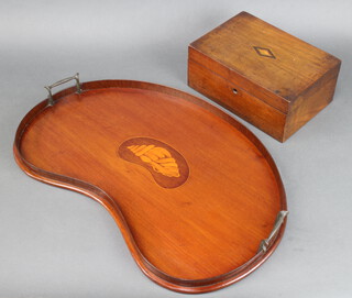A Victorian rectangular inlaid mahogany trinket box with hinged lid 10cm h x 25cm w x 18cm d together with an Edwardian inlaid mahogany kidney shaped twin handled tea tray 54cm x 35cm 