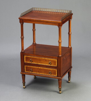 Brights of Nettlebed, a Georgian style rectangular mahogany 2 tier what-not with brass 3/4 gallery fitted 2 crossbanded drawers, raised on turned supports, brass caps and casters 73cm h x 42cm w x 32cm d 