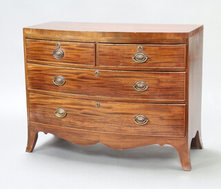A 19th Century mahogany bow front chest of 2 short and 3 long drawers with oval replacement drop handles, raised on bracket feet 79cm h x 100cm w x 48cm d 
