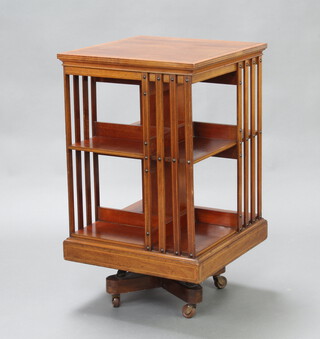 A square Edwardian inlaid mahogany 2 tier revolving bookcase 85cm h x 50cm w x 50cm d 