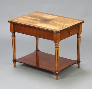 A Georgian style quarter veneered bleached, crossbanded and inlaid mahogany 2 tier occasional table fitted a drawer with undertier, raised on turned and fluted supports 47cm x 59cm x 43cm 