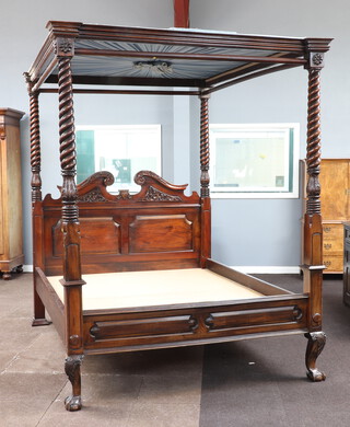 A William IV style carved and turned mahogany 4 poster frame with broken pediment headboard, raised on carved cabriole, ball and claw supports 224cm h x 178cm w x 221cm long (inside measurement 158cm w x 206cm l) 