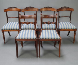 A harlequin set of 6 William IV rosewood and mahogany bar back dining chairs (4 and 2) with shaped bar backs, plain mid rails and upholstered drop in seats, raised on turned and fluted supports 89cm h x 47cm w x 40cm d (seat 26cm x 28cm) 