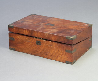 A Victorian mahogany and brass banded writing slope with hinged lid, fitted 2 glass inkwells 15cm h x 40cm w x 25cm d 