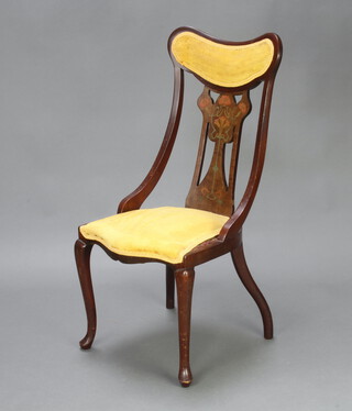 An Edwardian Art Nouveau inlaid mahogany slat and bar back chair, the seat of serpentine outline, the seat and back upholstered in yellow material, raised on cabriole supports 97cm h x 44cm w x 42cm d (seat 26cm x 28cm)  