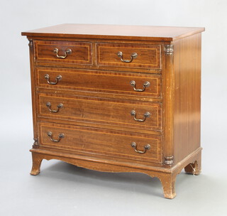 A 20th Century Georgian style inlaid mahogany chest with column decoration to the side, fitted 2 short and 3 long drawers, raised on splayed bracket feet 80cm h x 87cm w x 44cm d 