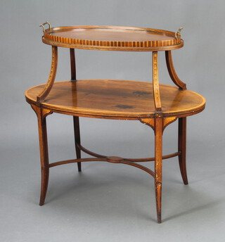 An Edwardian inlaid rosewood oval 2 tier etagere raised on outswept supports with X frame stretcher, the top fitted an associated twin handled tray 84cm h, the upper tier 68cm x 33cm, bottom tier 88cm x 52cm 
