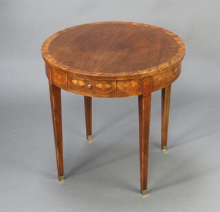 Baker Furniture, a circular Georgian style inlaid and crossbanded mahogany occasional table fitted 2 drawers and 2 brushing slides, raised on square tapered supports, brass caps 63cm h x 65cm diam. 
