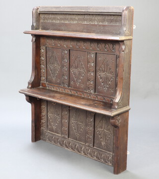 A 2 tier oak shelf constructed from 17th/18th Century carved oak timber 138cm h x 111cm w x 27cm d 