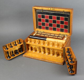 A Victorian games compendium comprising Staunton pattern chess set, drafts, 28 bone dominoes, cribbage board, 5 (ex 6) bone dice, 3 bone markers, 6 lead figures of race horses, a rectangular metal pond, ditto gate and rail, 8 dice numbered figurally 1-6, 1 marked with gavel and 1 marked with a bell, 5 playing cards - 2 marked bell, 1 marked bell in, 1 marked horse, 1 marked gavel and 1 plain, a turned wooden die shaker, printed guide to compendium (stuck with sellotape), a folding chess, backgammon and steeplechase board (also repaired with sellotape), contained in a pine box  17cm h x 32cm w x 21cm d  