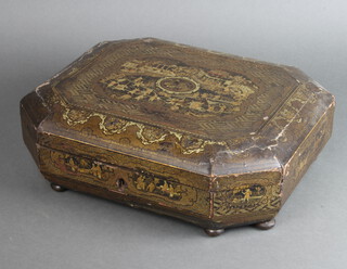 A 19th Century lozenge shaped lacquered trinket box with hinged lid, the interior fitted 7 shaped boxes decorated buildings together with 12 rectangular shallow trays 10cm h x 39cm w x 31cm d 