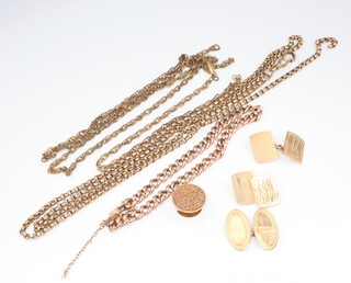 A 9ct yellow gold necklace muff chain 77cm, 2 gold bracelets, a pair of cufflinks, 1 odd ditto and a stud, gross weight 31.7 grams together with a gilt chain  