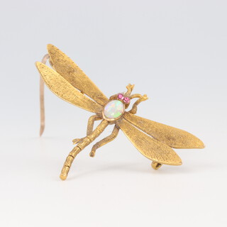 An Edwardian 15ct yellow gold opal and ruby dragonfly brooch 4.5 grams, 40mm 