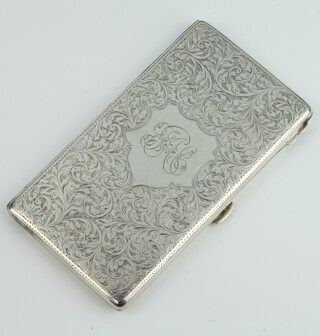 A large silver rectangular cigarette case engraved with scrolls and monogram, Birmingham 1919, gross weight 214 grams, 15cm 