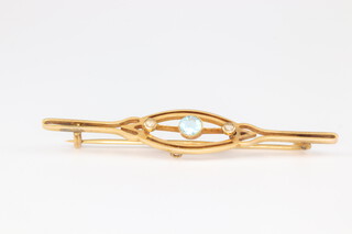 A 9ct yellow gold bar brooch set with an aquamarine and seed pearls 2.7 grams, 55mm  