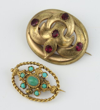 A Victorian gilt and turquoise set brooch and 1 other 