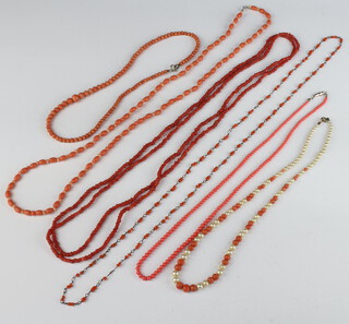 A graduated coral bead necklace 36cm and 5 other necklaces