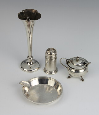A silver engine turned ashtray Birmingham 1945, 2 condiments and a spill vase, gross weight 114 grams 