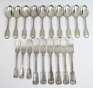 A mixed part canteen of Victorian silver fiddle and thread pattern flatware comprising 6 dinner forks London 1850, 3 matched dessert forks, 10 dessert spoons London 1842, engraved with an armorial, 1110 grams 