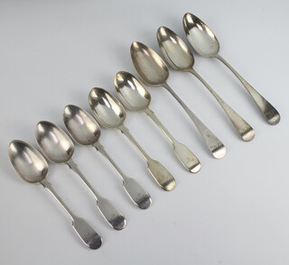 A pair of George III Old English pattern silver table spoons with engraved armorial London 1798, 1 other and 6 Victorian silver dessert spoons, 480 grams 