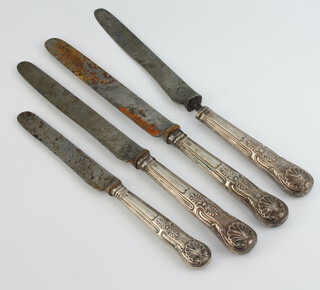 Three George III silver handled dinner knives London 1785, a Victorian dessert knife 