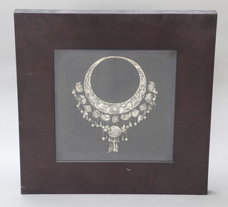 A reproduction Niao Race white metal repousse necklace, framed 80cm x 80cm 