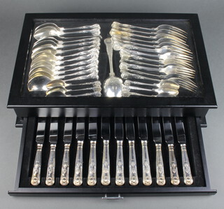 A modern cased canteen of Kings pattern silver plated cutlery for 6 comprising 43 pieces in an ebonised case 