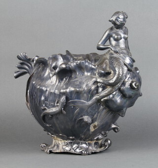 A Victorian Art Nouveau ex plated jardiniere decorated with a semi-clad lady sitting on a shell, the body applied with flowers and a reptile 29cm  