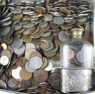 An Edwardian silver plated mounted glass hip flask and minor European coinage