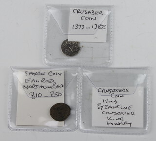 A 14th Century silver crusader coin, a bronze ditto and a Saxon bronze coin