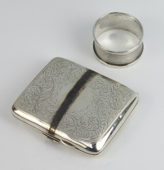 A silver engraved cigarette case Birmingham 1918 together with a napkin ring, gross weight 106 grams 