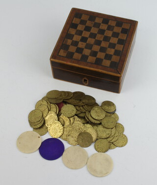 A parquetry box containing a quantity of George III tokens 
