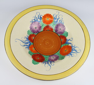 A Clarice Cliff Bizarre Gayday pattern charger with 3 factory drilled holes,  46cm  
