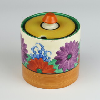 A Clarice Cliff Bizarre Gayday pattern drum shaped preserve pot and cover 9.5cm 