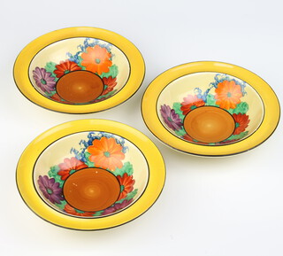 Three Clarice Cliff Bizarre Gayday pattern dessert bowls 16cm  