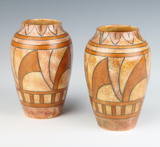 A pair of Burleigh Ware Charlotte Rhead oviform vases with geometric decoration and tan grounds 16cm 