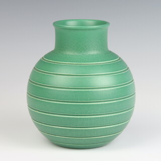 A matt green Keith Murray baluster vase with ribbed decoration 15cm 