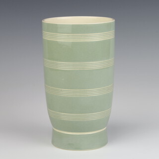 A Keith Murray Wedgwood pale green cylindrical vase with banded decoration, impressed marks, 19cm 