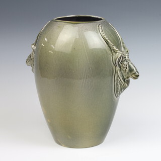 An Ashtead Pottery grey glazed oviform vase with antelope handles 26cm 