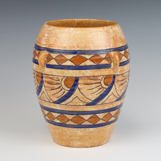 A Burleigh Ware Charlotte Rhead oviform vase no.4809 with geometric decoration and  4 simple applied handles 20cm 