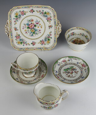 A matched Coalport and Foley china Ming Rose tea set comprising 12 tea cups (4 cracked), 6 saucers (2 a/f), a sugar bowl (a/f), cream jug (a/f), 8 small plates (5 a/f), sandwich plate and together with 4 Copeland Eden pattern 2 handled bowls and saucers (2 bowls a/f, 3 saucers a/f) 