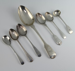 A George III fiddle pattern silver table spoon with engraved monogram London 1813, 6 spoons 166 grams 