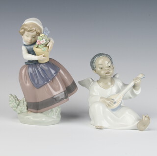 A Lladro figure of a seated angel 10cm together with a ditto girl carrying a pot flowers 16cm 