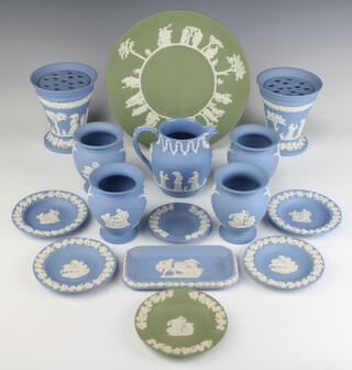 A Wedgwood green Jasperware plate decorated with classical figures 24cm, 2 flowers vases with liners, 7 dishes, 4 vases and a jug 