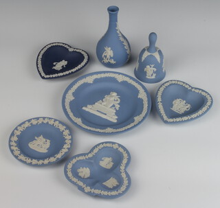 A Wedgwood blue Jasperware oviform vase 10cm, ditto bell, 4 dishes and a plate