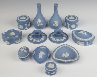 A Wedgwood blue Jasper egg box 7cm, 5 other boxes, a pair of vases, 2 candlesticks and 2 dishes 