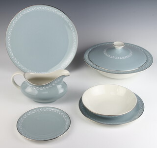 A Royal Doulton Aegean part dinner service comprising 7 small plates, 9 medium plates, 9 dinner plates, 9 dessert bowls, 2 tureens and covers, an oval meat dish and gravy boat