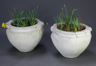 A pair of circular white painted reconstituted stone twin handled urns 45cm h x 50cm w x 57cm d  