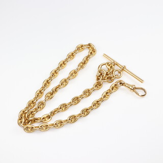 An 18ct yellow gold fancy link  Albert with T-Bar, ring clasp and loop clasp, 38cm, 52.8 grams 