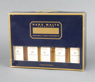 A Diageo Rare Malts Selection boxed set of five 20cl bottles of natural cask strength malt whisky including a 1975 20 year old Brora, 1975 20 year old Caol Ila, 1973 22 year old Dailuaine, 1972 23 Year Old Glendullan and a 1972 23 Year Old Teaninich, 